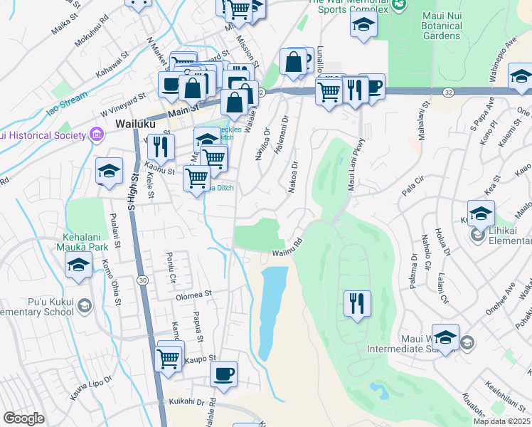 map of restaurants, bars, coffee shops, grocery stores, and more near 320 Nakoa Drive in Wailuku