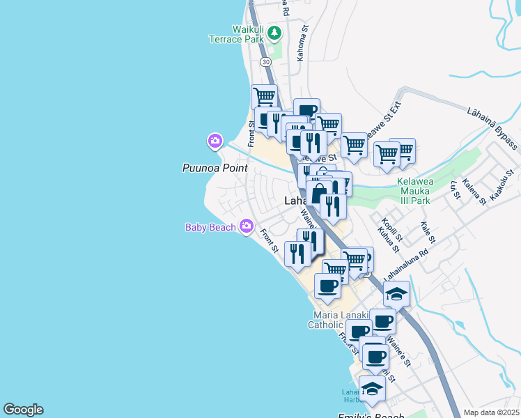 map of restaurants, bars, coffee shops, grocery stores, and more near 584 Hoe Kawele Lane in Lahaina