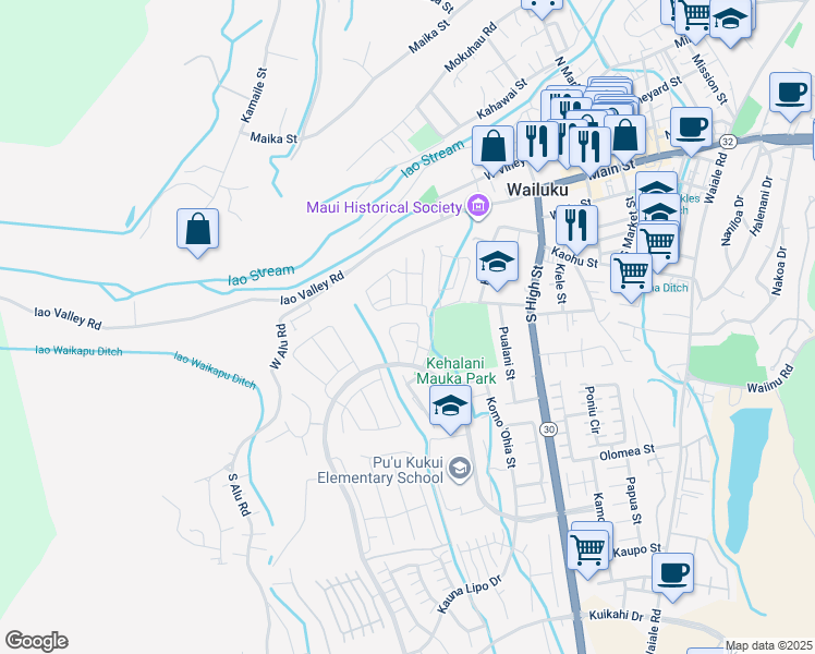 map of restaurants, bars, coffee shops, grocery stores, and more near 282 Puaehu Street in Wailuku