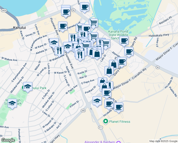 map of restaurants, bars, coffee shops, grocery stores, and more near 86 Kuula Street in Kahului