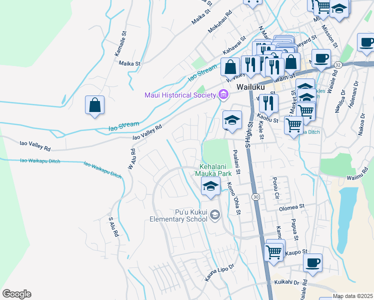 map of restaurants, bars, coffee shops, grocery stores, and more near 136 Hoolaau Street in Wailuku