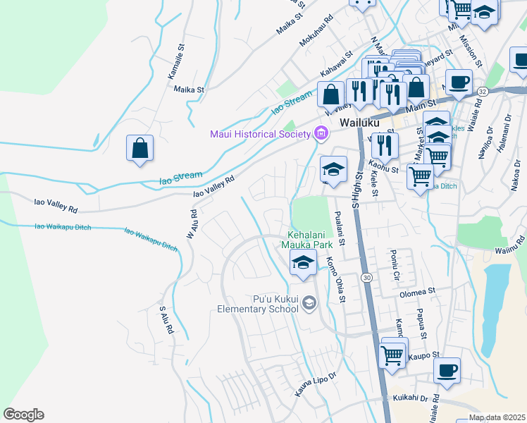 map of restaurants, bars, coffee shops, grocery stores, and more near 128 Hoolaau Street in Wailuku