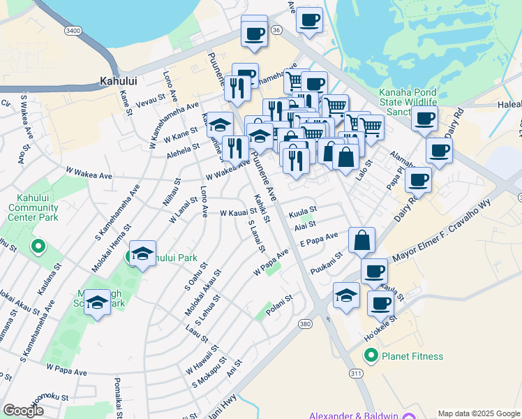 map of restaurants, bars, coffee shops, grocery stores, and more near 0 Kahului Beach Road in Kahului