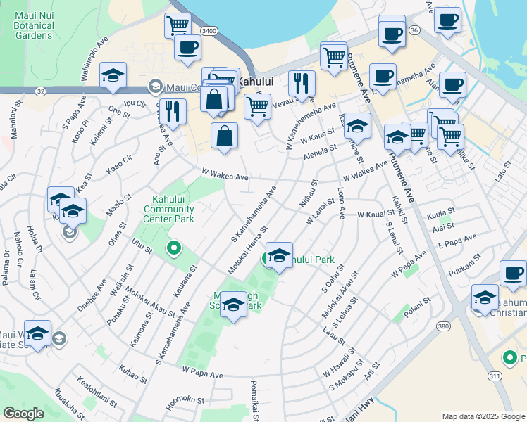 map of restaurants, bars, coffee shops, grocery stores, and more near 365 South Kamehameha Avenue in Kahului