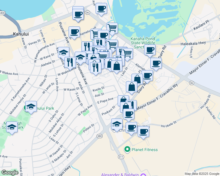 map of restaurants, bars, coffee shops, grocery stores, and more near 100 Kuula Street in Kahului