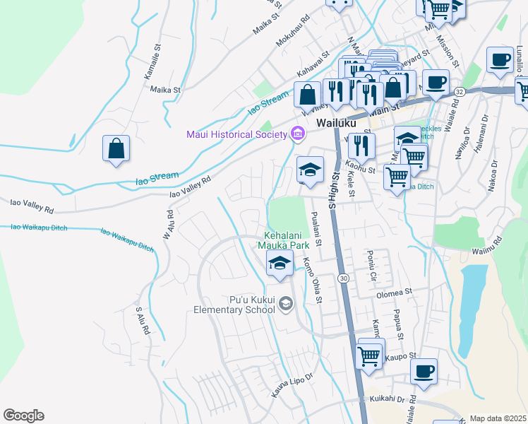 map of restaurants, bars, coffee shops, grocery stores, and more near 337 Puaehu Street in Wailuku