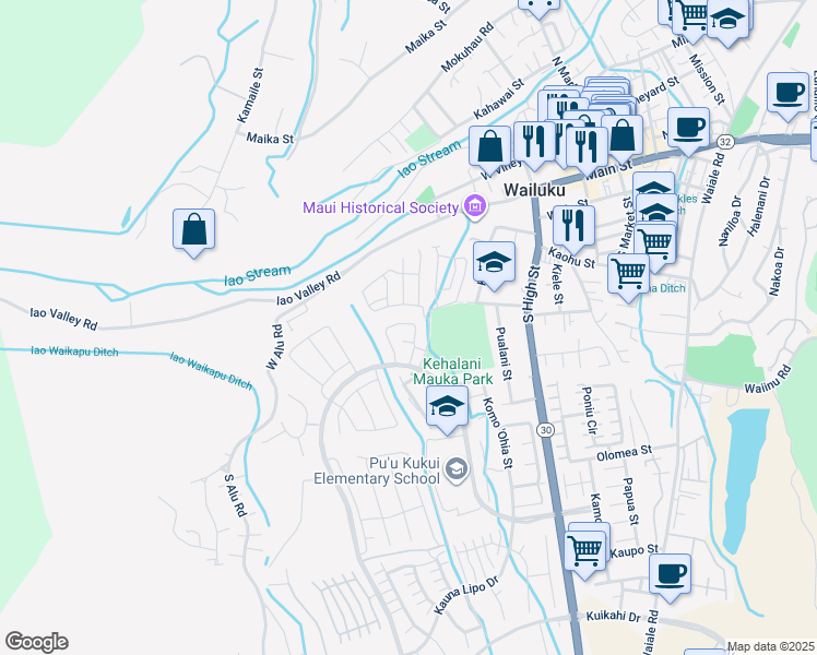 map of restaurants, bars, coffee shops, grocery stores, and more near 296 Puaehu Street in Wailuku