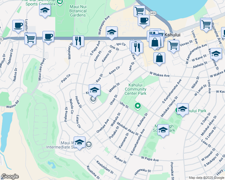 map of restaurants, bars, coffee shops, grocery stores, and more near 535 Maalo Street in Kahului
