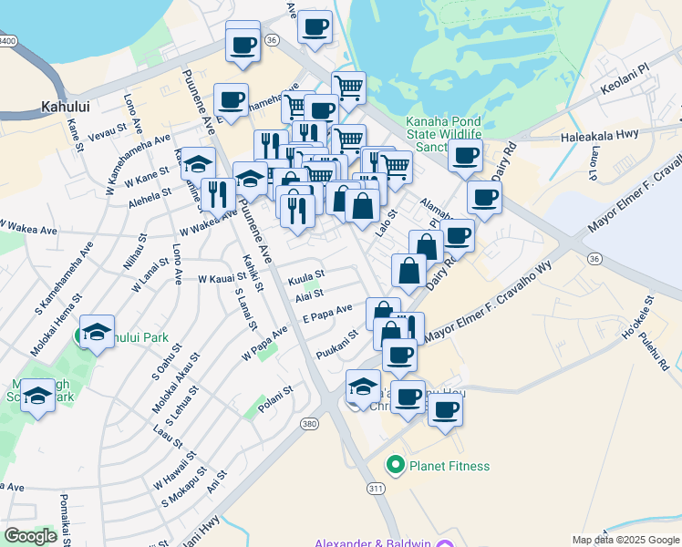 map of restaurants, bars, coffee shops, grocery stores, and more near 100 Kuula Street in Kahului