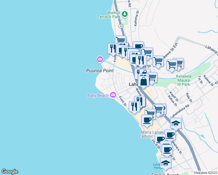 map of restaurants, bars, coffee shops, grocery stores, and more near 1169 Lahilahi Place in Lahaina