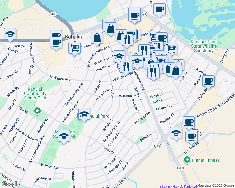 map of restaurants, bars, coffee shops, grocery stores, and more near 124 West Kauai Street in Kahului
