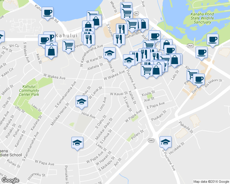 map of restaurants, bars, coffee shops, grocery stores, and more near 104 West Kauai Street in Kahului