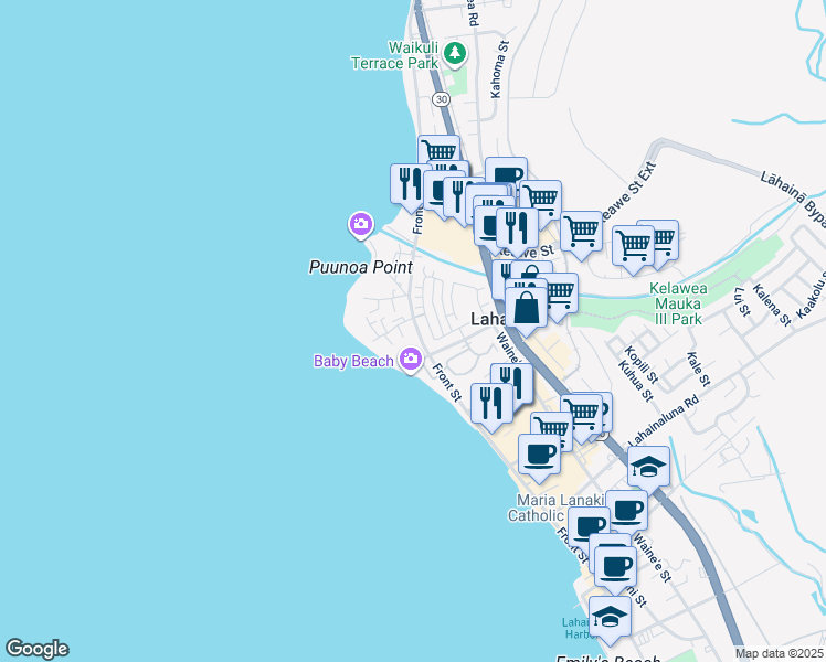 map of restaurants, bars, coffee shops, grocery stores, and more near 1155 Lahilahi Place in Lahaina
