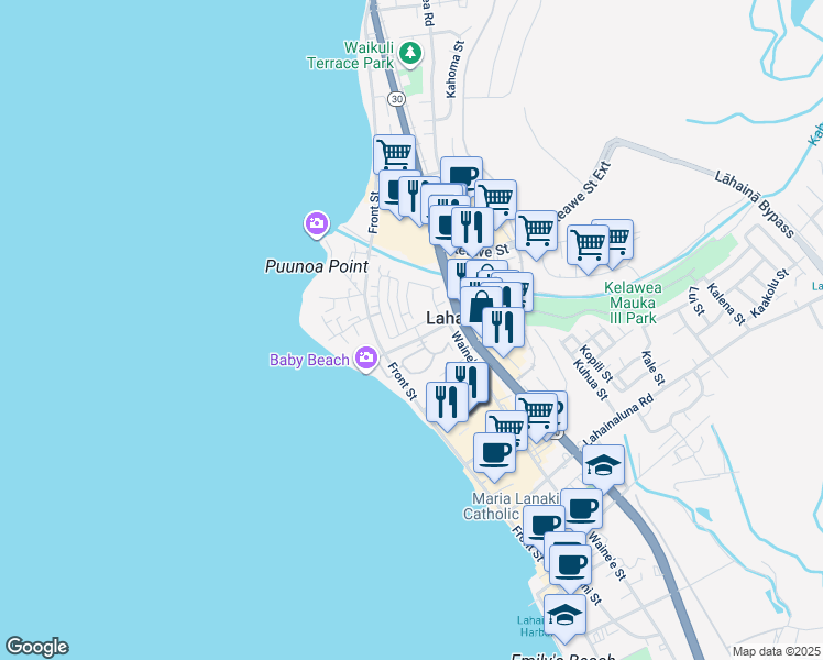 map of restaurants, bars, coffee shops, grocery stores, and more near Kahoma Village Loop in Lahaina