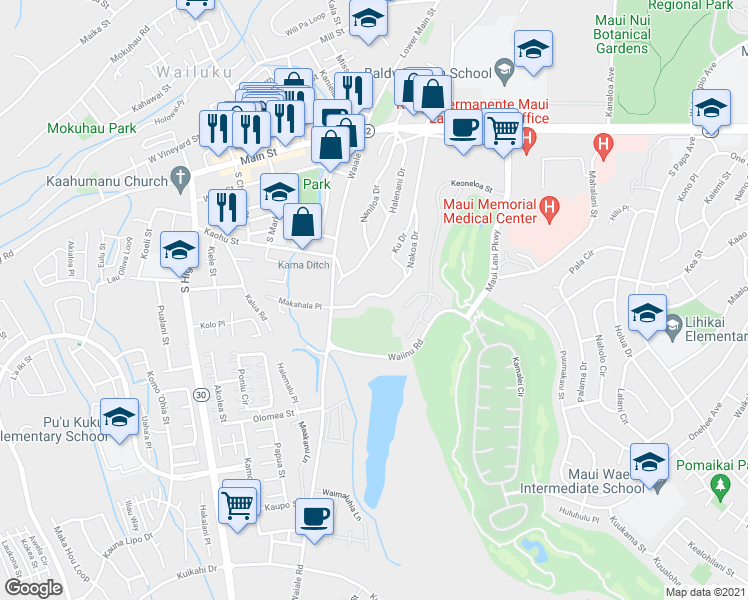 map of restaurants, bars, coffee shops, grocery stores, and more near 320 Nakoa Drive in Wailuku