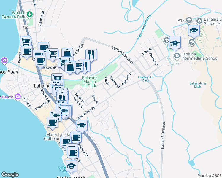 map of restaurants, bars, coffee shops, grocery stores, and more near 514 Pikanele Street in Lahaina