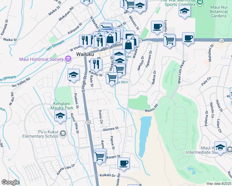 map of restaurants, bars, coffee shops, grocery stores, and more near 1890 Makahala Place in Wailuku