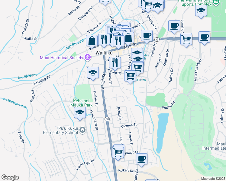 map of restaurants, bars, coffee shops, grocery stores, and more near 442 Lauone Place in Wailuku