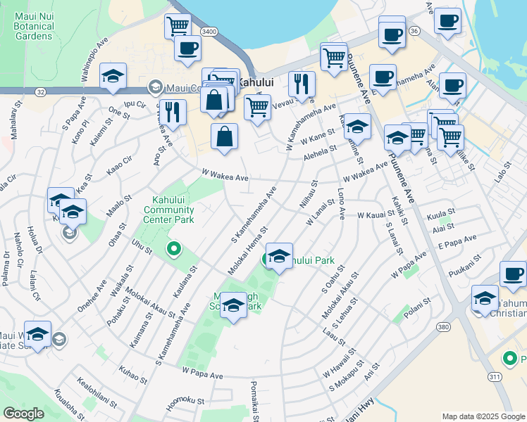 map of restaurants, bars, coffee shops, grocery stores, and more near 365 South Kamehameha Avenue in Kahului