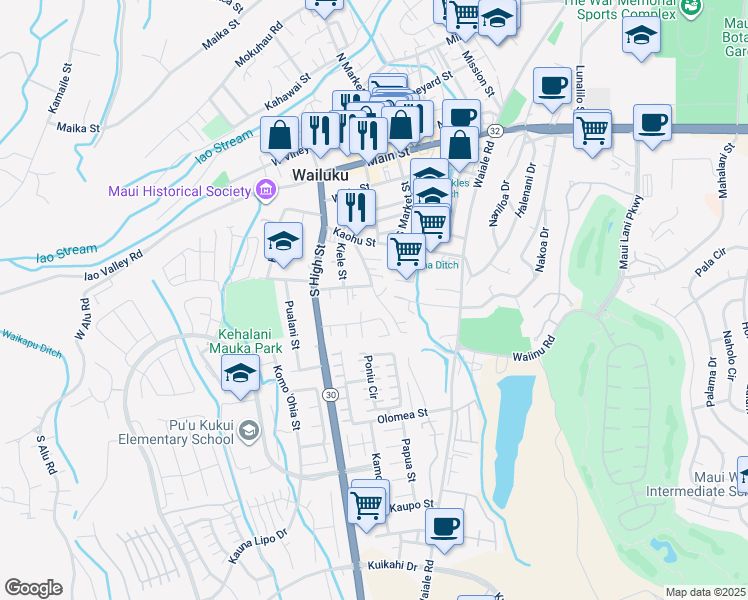 map of restaurants, bars, coffee shops, grocery stores, and more near 421A Kalua Road in Wailuku
