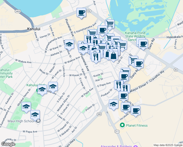map of restaurants, bars, coffee shops, grocery stores, and more near 371 South Puunene Avenue in Kahului