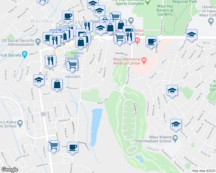 map of restaurants, bars, coffee shops, grocery stores, and more near 170 Keoneloa Street in Wailuku