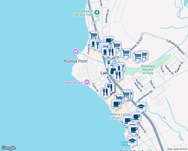 map of restaurants, bars, coffee shops, grocery stores, and more near 287 Kahoma Village Loop in Lahaina