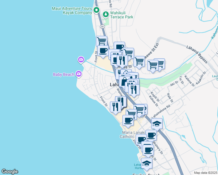 map of restaurants, bars, coffee shops, grocery stores, and more near 178 Kahoma Village Loop in Lahaina