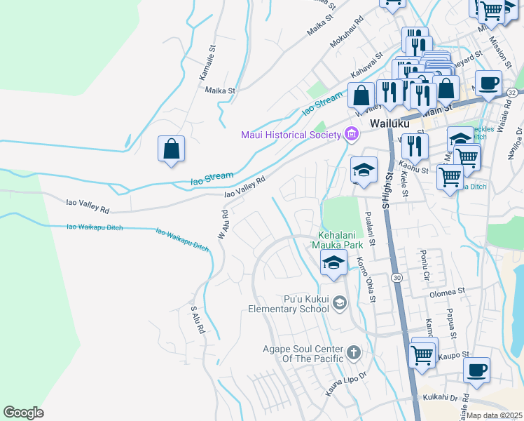 map of restaurants, bars, coffee shops, grocery stores, and more near 148 Kili'o'opu Street in Wailuku