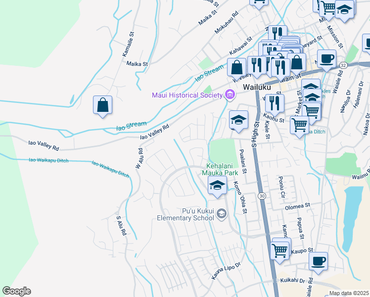 map of restaurants, bars, coffee shops, grocery stores, and more near 211 Puaehu Street in Wailuku