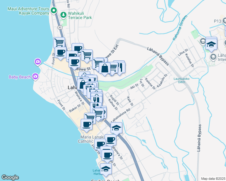 map of restaurants, bars, coffee shops, grocery stores, and more near 916 Puiki Place in Lahaina