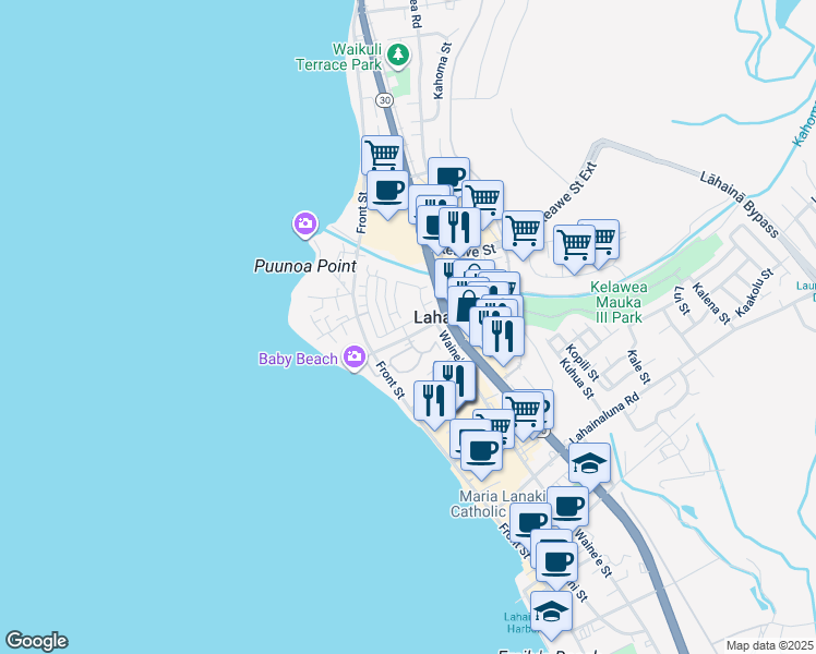 map of restaurants, bars, coffee shops, grocery stores, and more near 166 Kahoma Village Loop in Lahaina