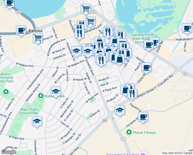 map of restaurants, bars, coffee shops, grocery stores, and more near 371 Puunene Avenue in Kahului