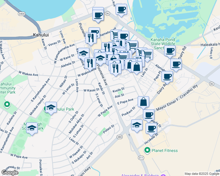 map of restaurants, bars, coffee shops, grocery stores, and more near 371 Puunene Avenue in Kahului