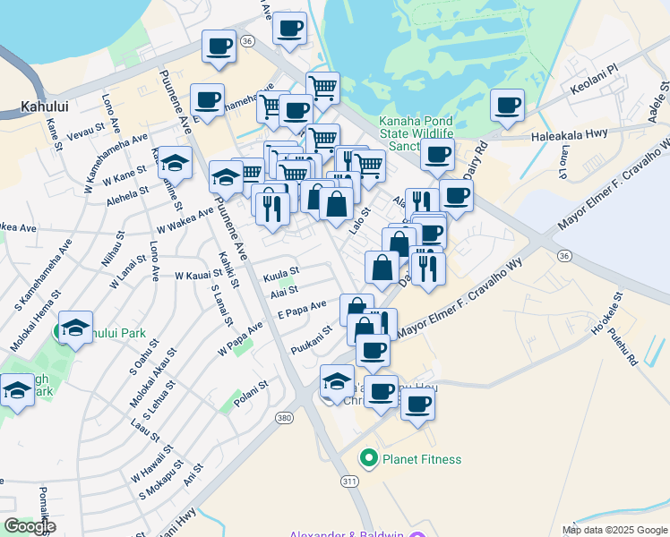 map of restaurants, bars, coffee shops, grocery stores, and more near 135 Kuula Street in Kahului