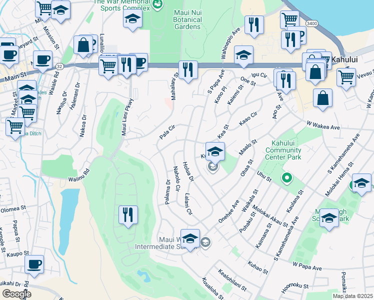 map of restaurants, bars, coffee shops, grocery stores, and more near 267 Holua Drive in Kahului