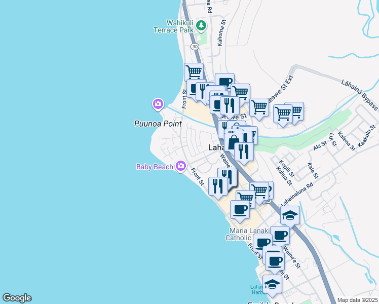 map of restaurants, bars, coffee shops, grocery stores, and more near 466 Kahoma Village Loop in Lahaina