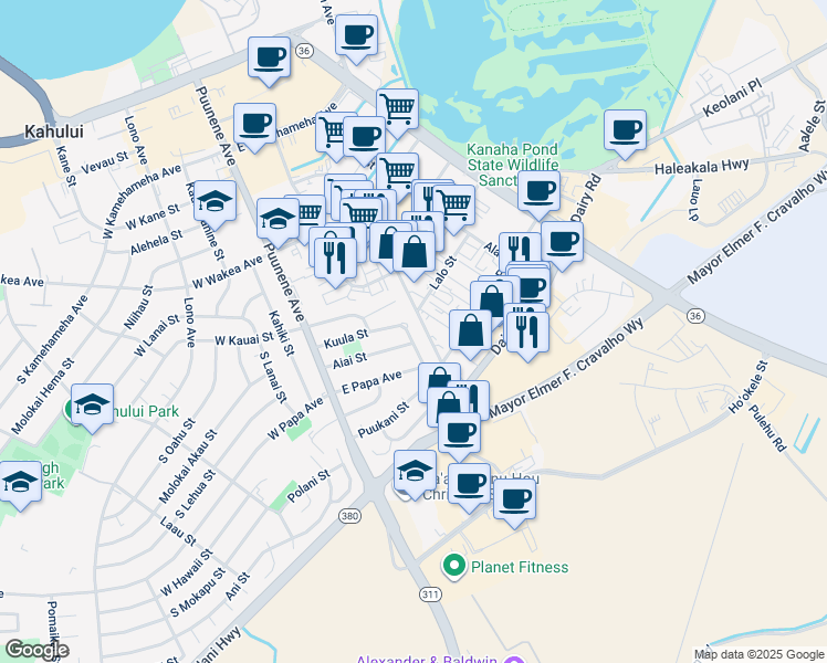 map of restaurants, bars, coffee shops, grocery stores, and more near 135 Kuula Street in Kahului
