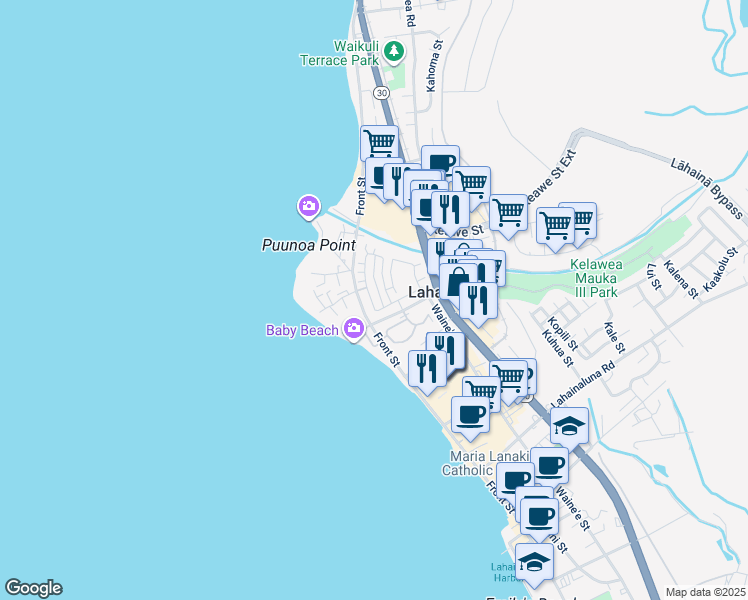 map of restaurants, bars, coffee shops, grocery stores, and more near 46 Kahoma Village Loop in Lahaina
