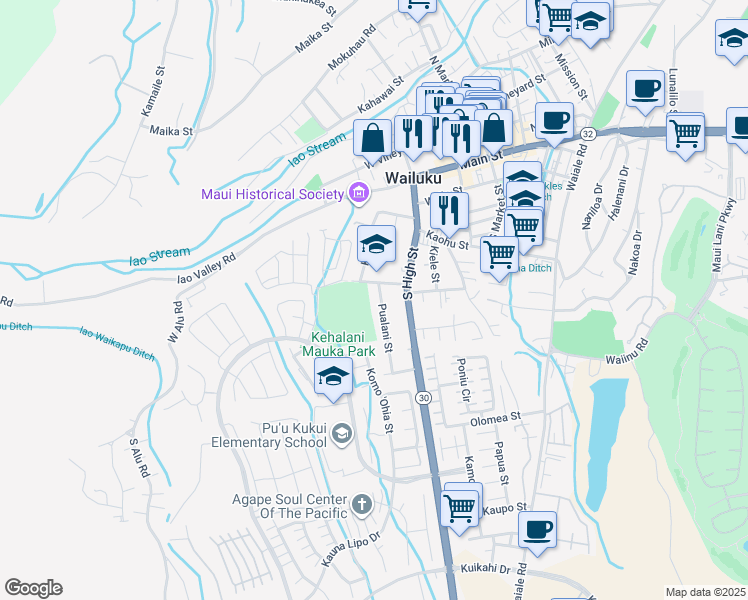 map of restaurants, bars, coffee shops, grocery stores, and more near 421 Pualani Street in Wailuku