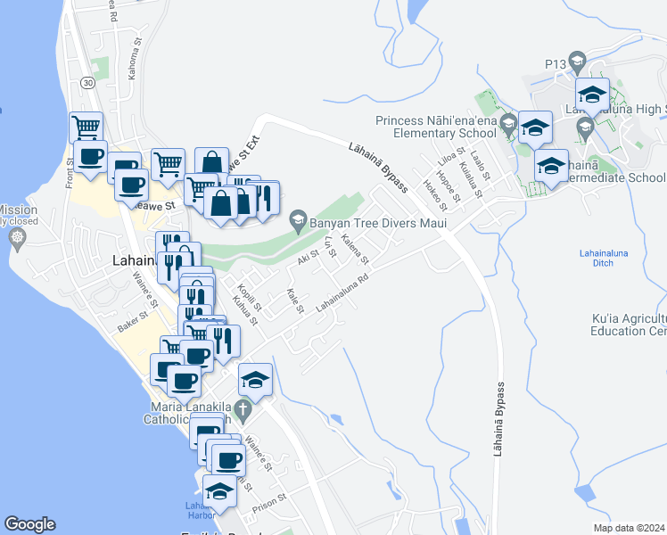 map of restaurants, bars, coffee shops, grocery stores, and more near 507 Pikanele Street in Lahaina