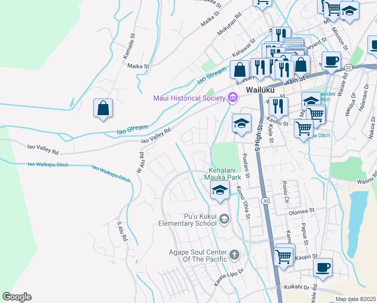 map of restaurants, bars, coffee shops, grocery stores, and more near 217 Puaehu Street in Wailuku