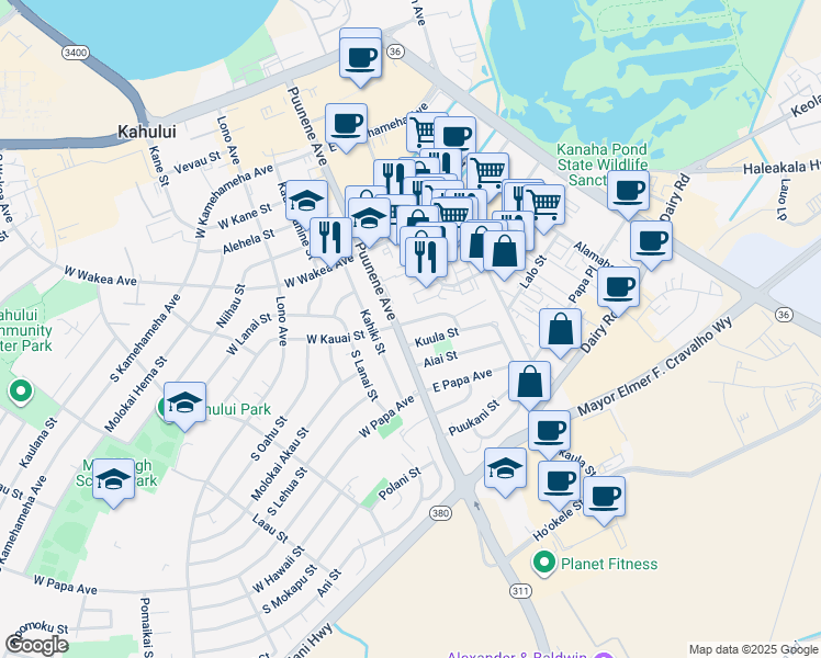 map of restaurants, bars, coffee shops, grocery stores, and more near 16 East Kauai Street in Kahului