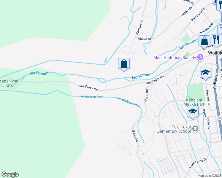 map of restaurants, bars, coffee shops, grocery stores, and more near 280 Iao Valley Road in Wailuku