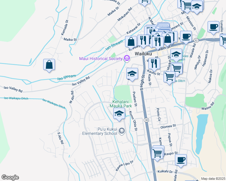 map of restaurants, bars, coffee shops, grocery stores, and more near 329 Puaehu Street in Wailuku