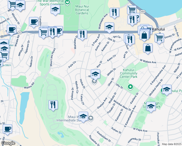 map of restaurants, bars, coffee shops, grocery stores, and more near 261 Pue Place in Kahului