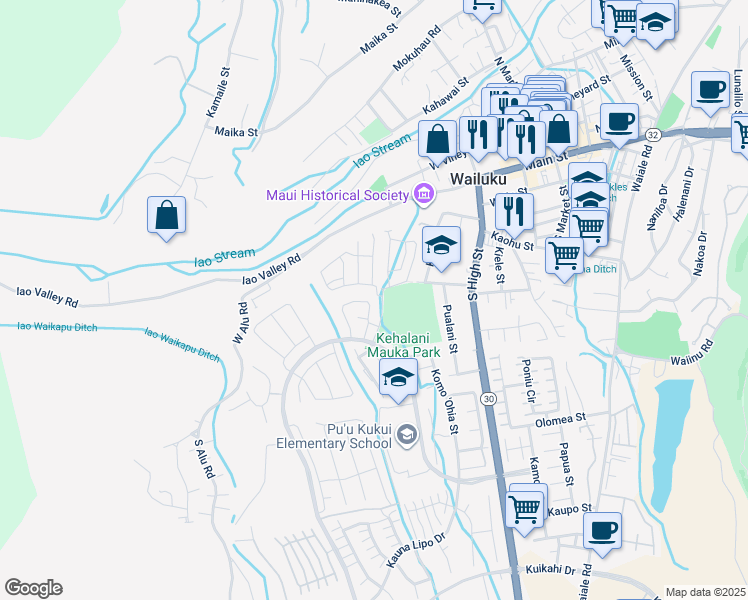map of restaurants, bars, coffee shops, grocery stores, and more near 329 Puaehu Street in Wailuku