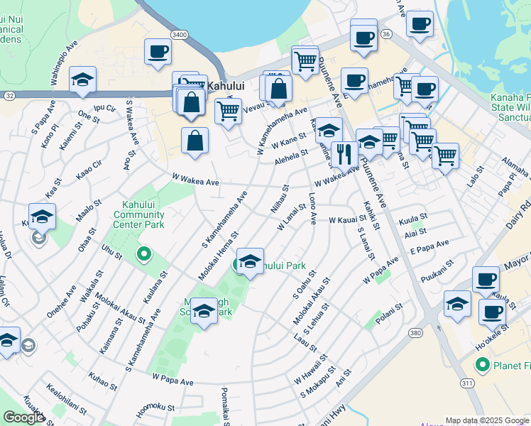 map of restaurants, bars, coffee shops, grocery stores, and more near 291 Moali Street in Kahului