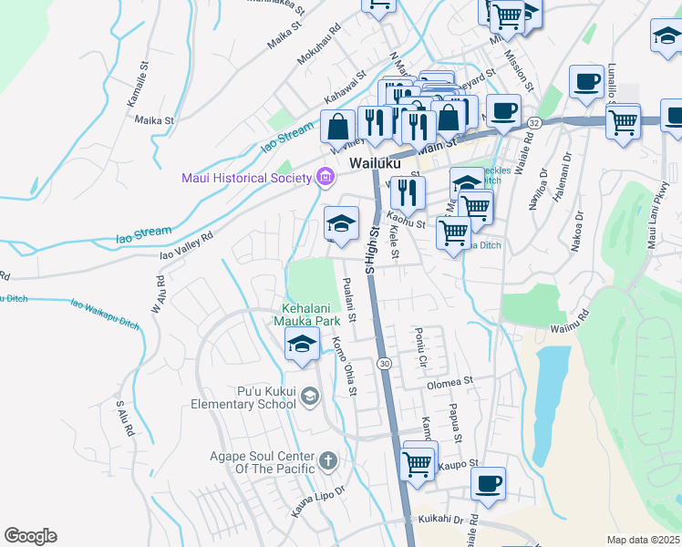map of restaurants, bars, coffee shops, grocery stores, and more near 421 Pualani Street in Wailuku