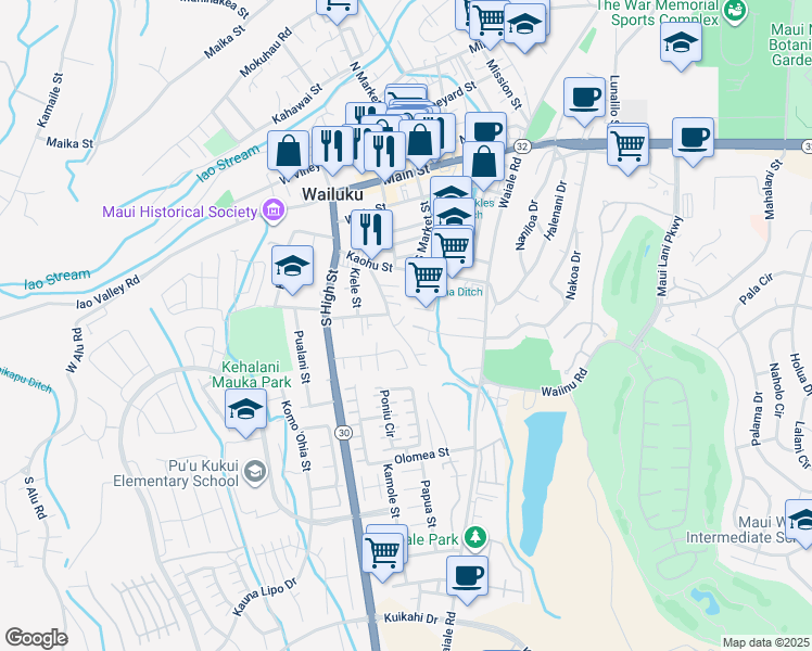 map of restaurants, bars, coffee shops, grocery stores, and more near 2090 Kolo Place in Wailuku